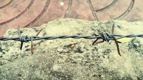 Close-up of barbed wire on field