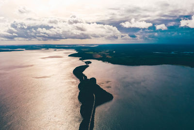 Aerial view of a road in the middle of a lake in finland