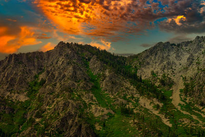 Scenic view of mountains against sky during sunset