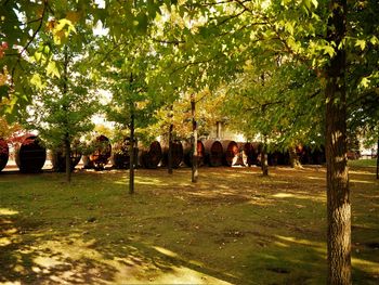 Rear view of people on field against trees