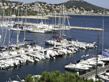 High angle view of sailboats moored at harbor