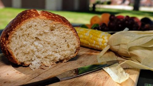 Close-up of bread on cutting board