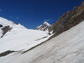 Scenic view of snowcapped mountains against blue sky