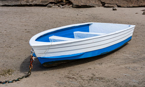 Boat moored on beach