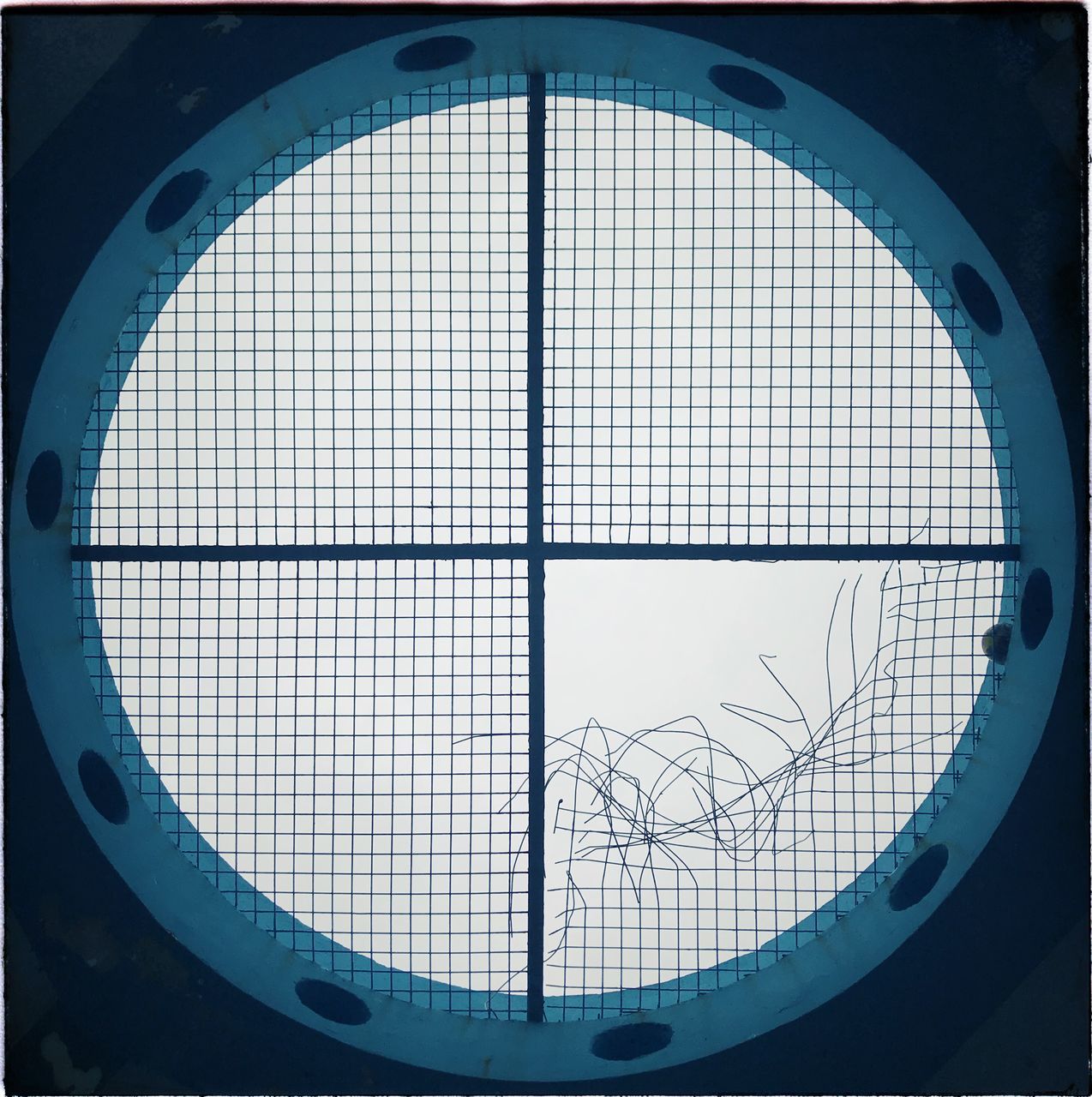 geometric shape, circle, no people, shape, pattern, indoors, day, design, sky, nature, window, transparent, blue, low angle view, close-up, sunlight, round, transfer print, auto post production filter, directly below, ceiling, architecture and art