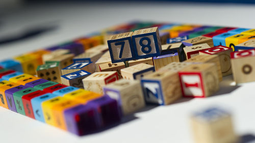 Close-up of colorful toy blocks on table