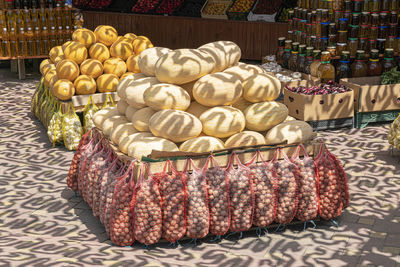 A bunch of fresh ripe melons at the market