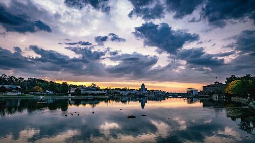 Scenic view of river against sky at sunset