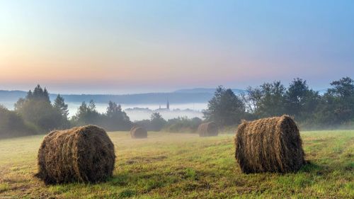 Hay bales on field against sky