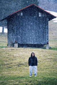 Michele portrait in nature and forest, under a snow fall