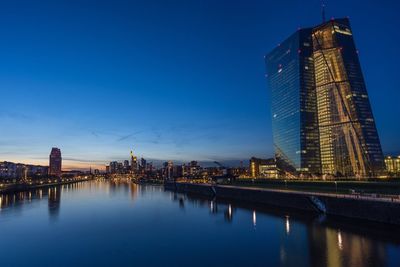 City at waterfront against blue sky