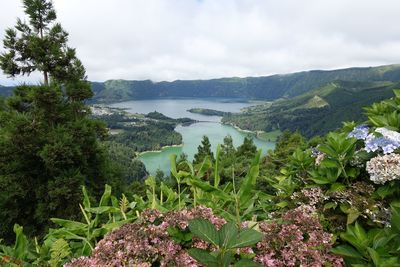 Scenic view of lake and mountains against sky