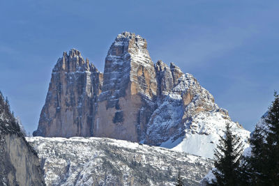 Low angle view of snowcapped mountain against sky