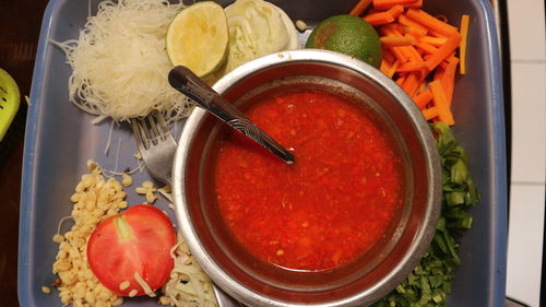 High angle view of chopped fruits in bowl