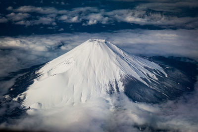 Aerial view of snowcapped mountains volcano against sky
