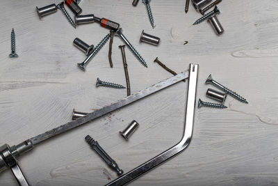 High angle view of work tools on table