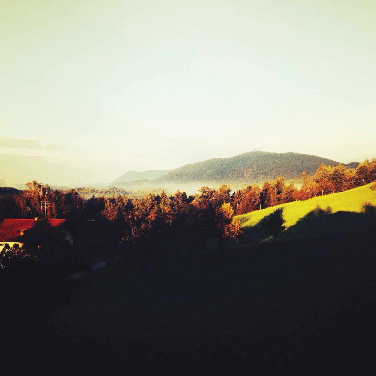 copy space, clear sky, tree, landscape, tranquil scene, tranquility, beauty in nature, scenics, mountain, nature, sky, house, growth, field, sunset, outdoors, idyllic, hill, non-urban scene, no people