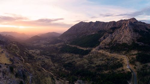 Scenic view of mountains at sunset