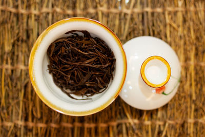 High angle view of tea in cup on table