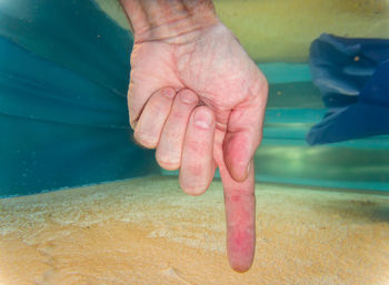 Low section of person legs in swimming pool