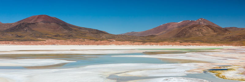 Scenic view of lake and mountains against blue sky