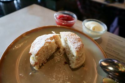 Close-up of dessert served on table