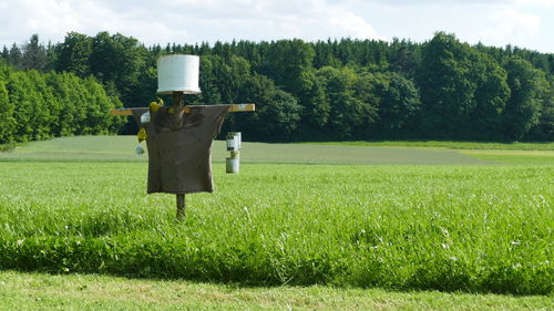 Rear view of traditional windmill on field