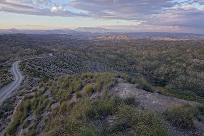 High angle view of landscape against sky during sunset