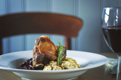 Close-up of food in plate on table