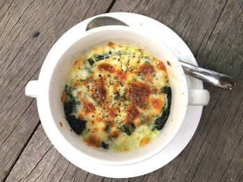 High angle view of breakfast in bowl on table