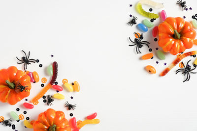 High angle view of orange flowers on table