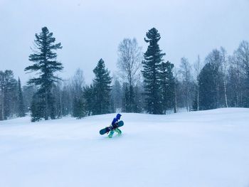 Man with a snowboard in the woods