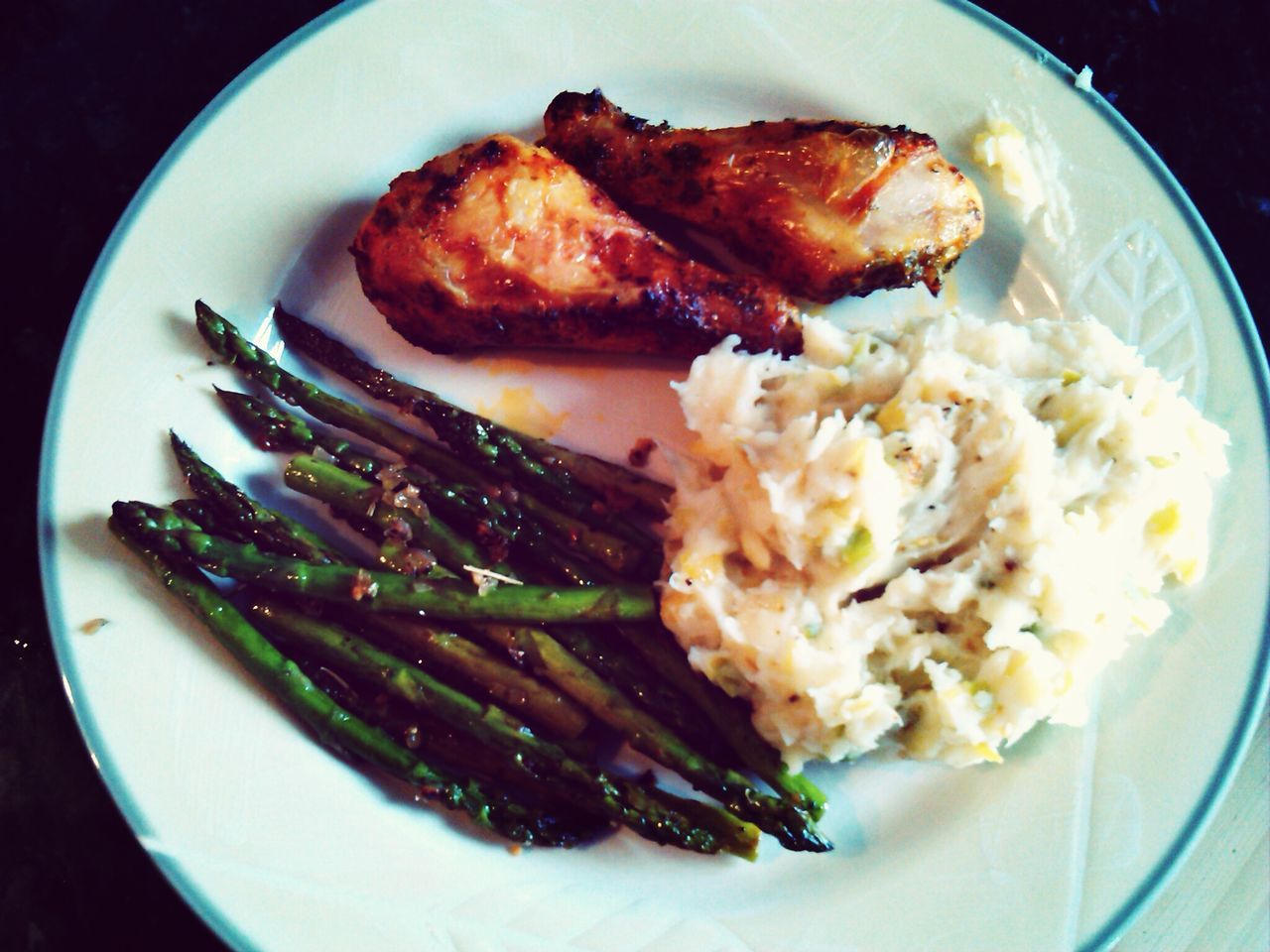 Dinner! Marinated chicken, fennel & leek mashed potatoes, and sauteed asparagus...  YUM!! 