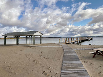 Pier on beach against sky