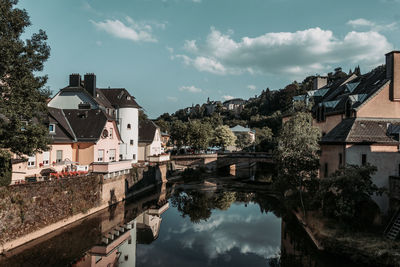 Buildings by river against sky in town