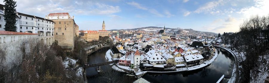 Panoramic view of town against sky
