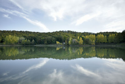 Scenic view of lake by trees against sky