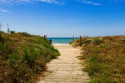 Footpath leading towards sea against blue sky