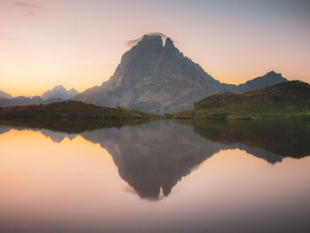 Reflection of mountain in lake against sky during sunset