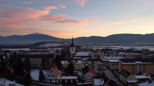 High angle view of townscape against sky during sunset