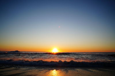 Scenic view of sea against clear sky during sunset