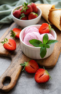 Homemade strawberry ice cream with fresh strawberries. sweet berry summer dessert. 