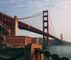 View of suspension bridge against cloudy sky