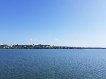 Scenic view of sea against clear blue sky