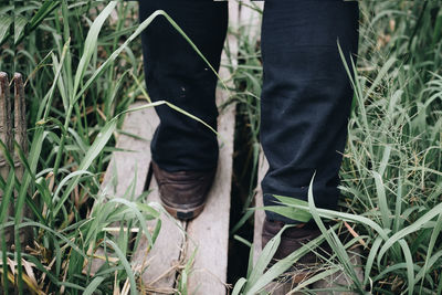 Low section of man standing on field