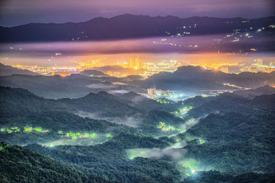 Aerial view of landscape against sky during sunset