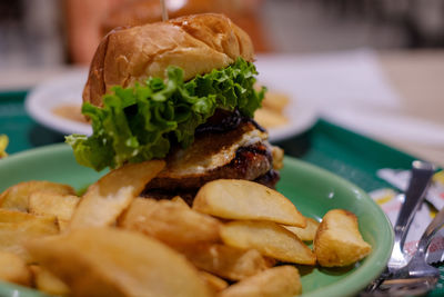 Close-up of burger on plate