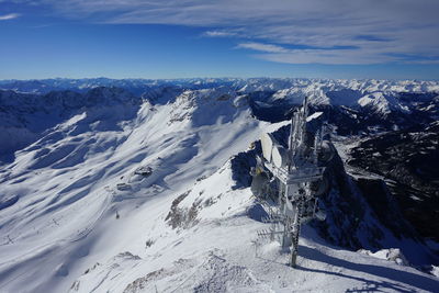 Aerial view of snowcapped mountains against sky