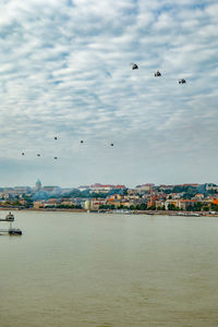 Birds flying over sea against sky