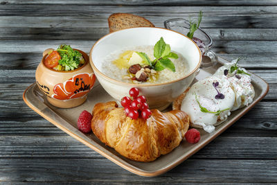 High angle view of food in plate on table